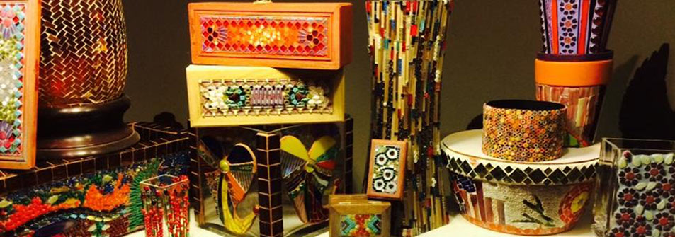 Mosaics on pots, boxes and vases.